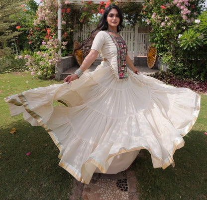 White Pure Kora Cotton with Standard kutchi Patchwork Navratri Lehenga Choli