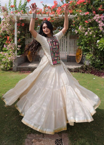White Pure Kora Cotton with Standard kutchi Patchwork Navratri Lehenga Choli