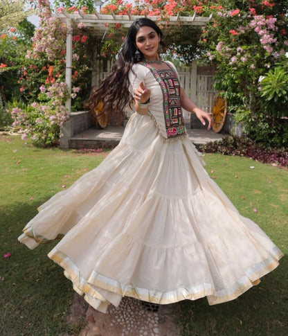 White Pure Kora Cotton with Standard kutchi Patchwork Navratri Lehenga Choli