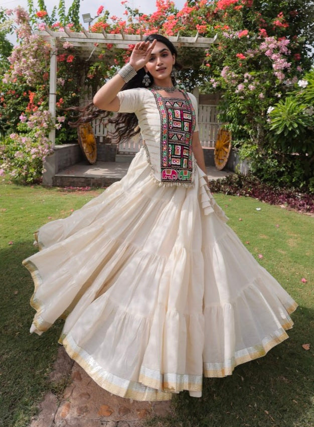 White Pure Kora Cotton with Standard kutchi Patchwork Navratri Lehenga Choli
