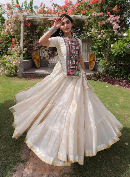 White Pure Kora Cotton with Standard kutchi Patchwork Navratri Lehenga Choli