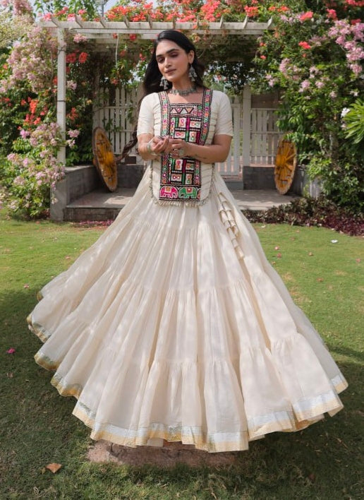 White Pure Kora Cotton with Standard kutchi Patchwork Navratri Lehenga Choli