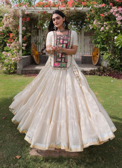 White Pure Kora Cotton with Standard kutchi Patchwork Navratri Lehenga Choli