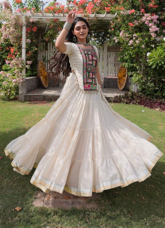White Pure Kora Cotton with Standard kutchi Patchwork Navratri Lehenga Choli
