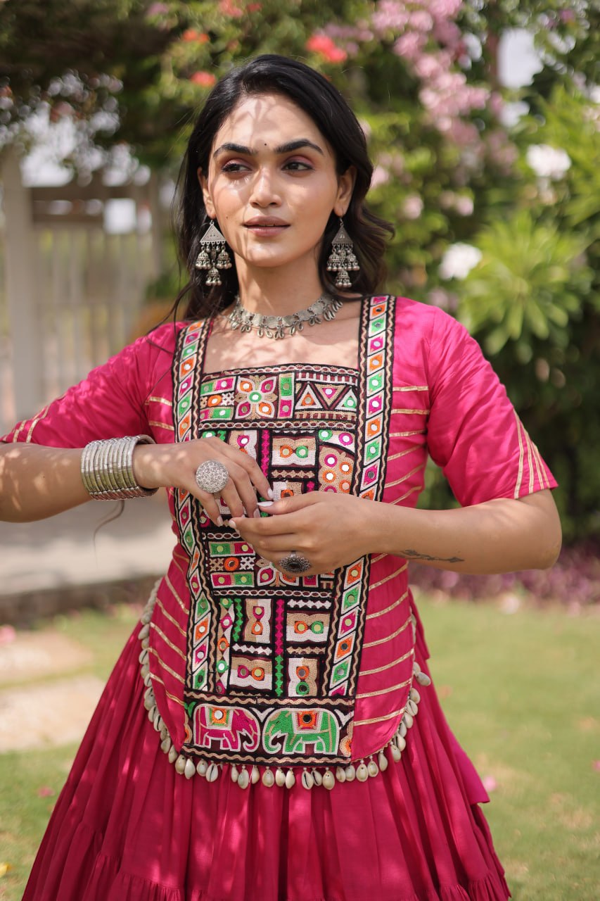 Rani Pure Kora Cotton with Standard kutchi Patchwork Navratri Lehenga Choli