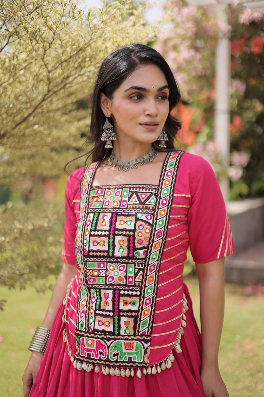 Rani Pure Kora Cotton with Standard kutchi Patchwork Navratri Lehenga Choli
