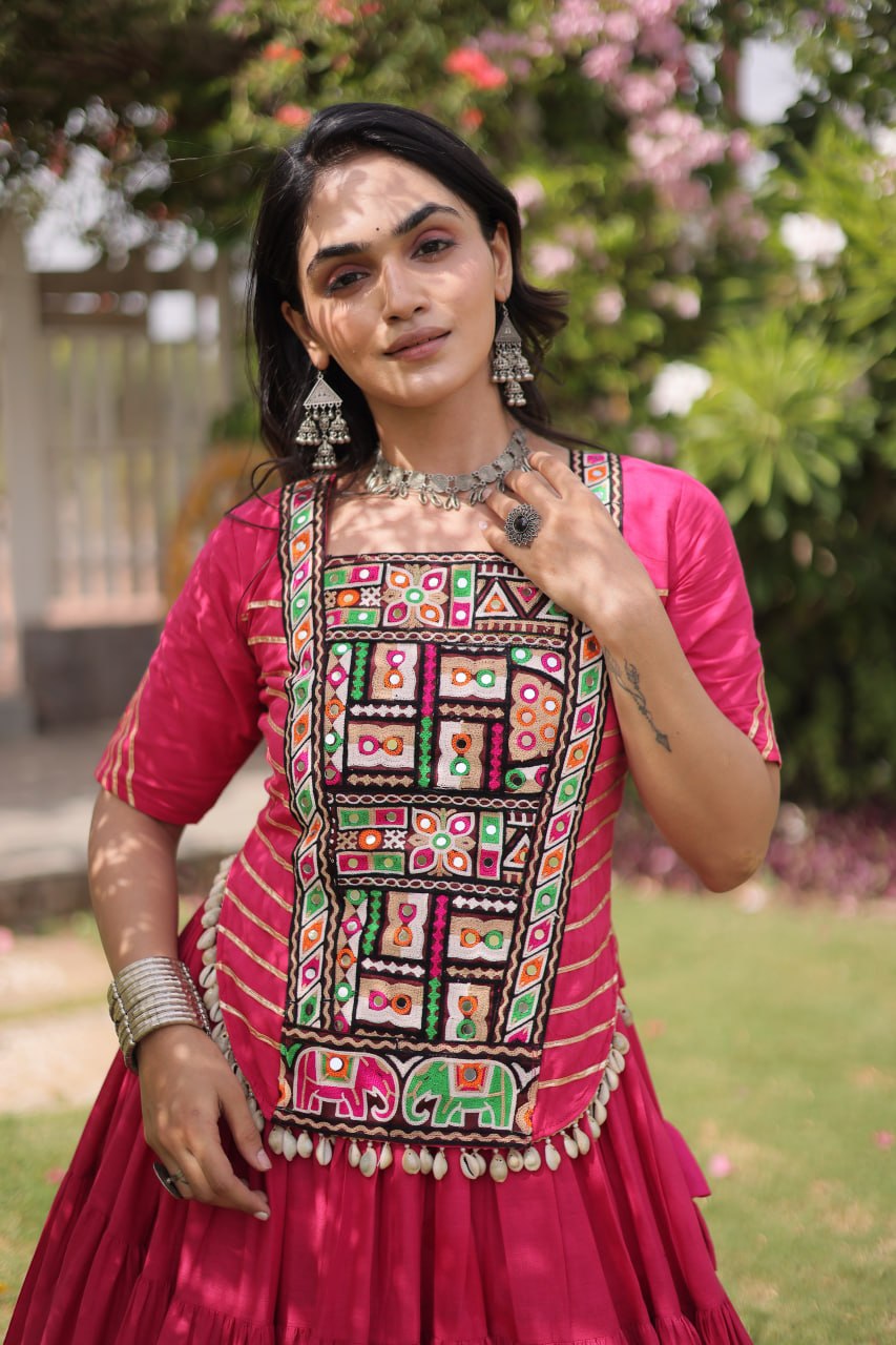 Rani Pure Kora Cotton with Standard kutchi Patchwork Navratri Lehenga Choli