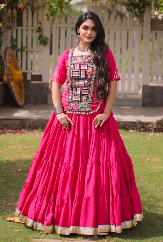 Rani Pure Kora Cotton with Standard kutchi Patchwork Navratri Lehenga Choli