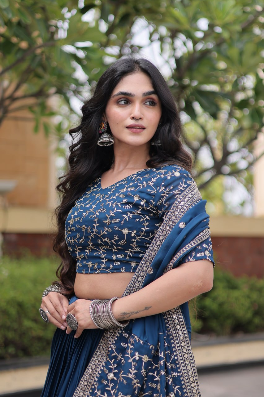 Blue Pure Glory Satin Embroidery Zari Sequins Work Navratri Lehenga Choli