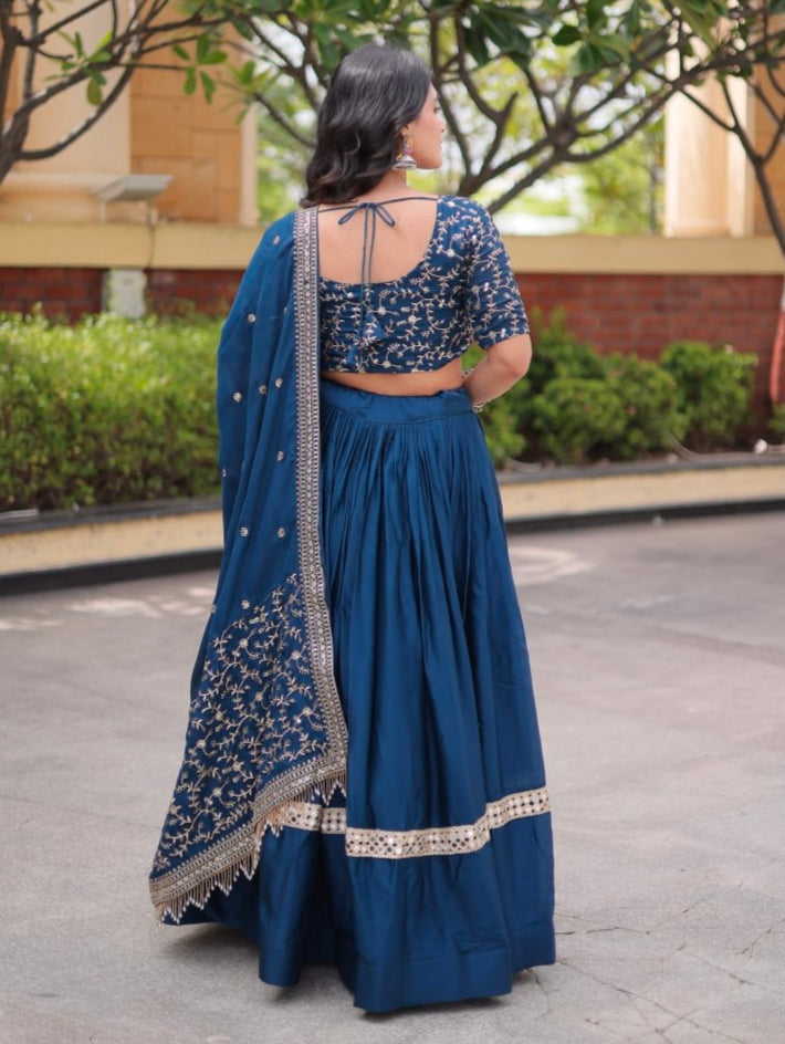 Blue Pure Glory Satin Embroidery Zari Sequins Work Navratri Lehenga Choli