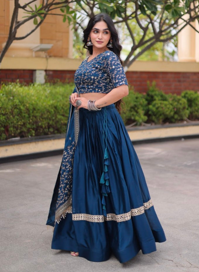 Blue Pure Glory Satin Embroidery Zari Sequins Work Navratri Lehenga Choli