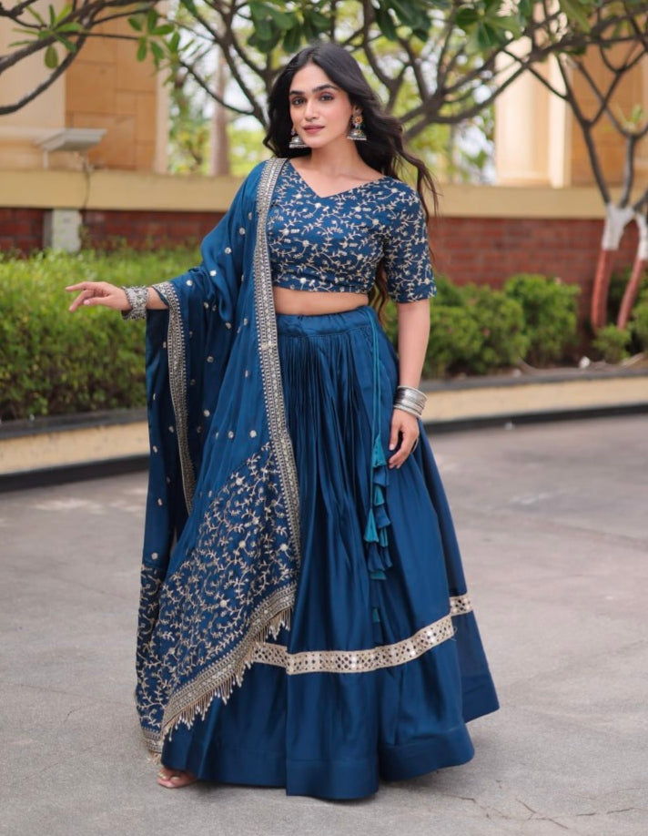 Blue Pure Glory Satin Embroidery Zari Sequins Work Navratri Lehenga Choli