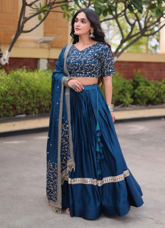 Blue Pure Glory Satin Embroidery Zari Sequins Work Navratri Lehenga Choli