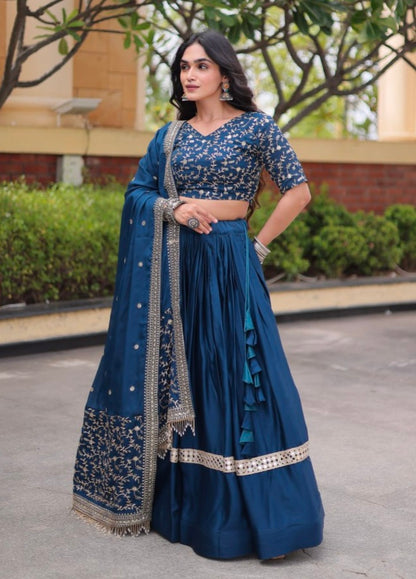 Blue Pure Glory Satin Embroidery Zari Sequins Work Navratri Lehenga Choli