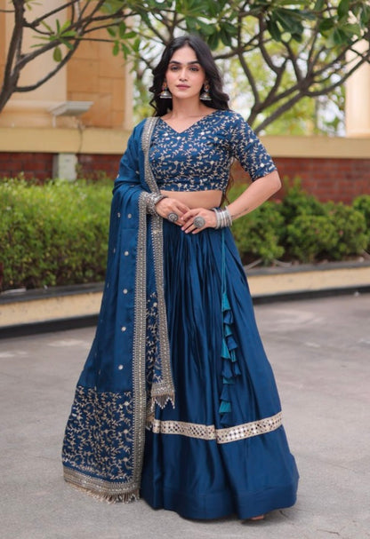 Blue Pure Glory Satin Embroidery Zari Sequins Work Navratri Lehenga Choli