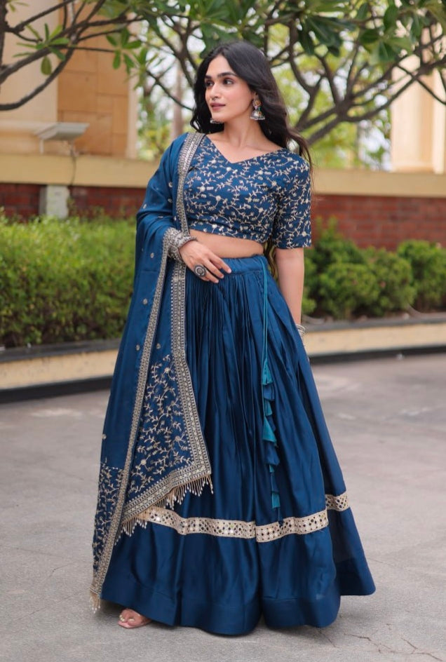Blue Pure Glory Satin Embroidery Zari Sequins Work Navratri Lehenga Choli