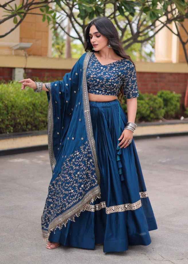 Blue Pure Glory Satin Embroidery Zari Sequins Work Navratri Lehenga Choli