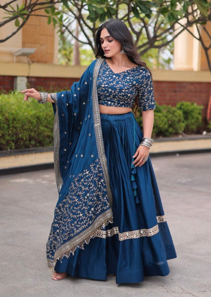 Blue Pure Glory Satin Embroidery Zari Sequins Work Navratri Lehenga Choli
