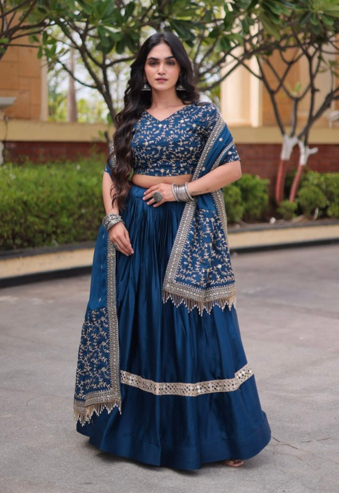 Blue Pure Glory Satin Embroidery Zari Sequins Work Navratri Lehenga Choli
