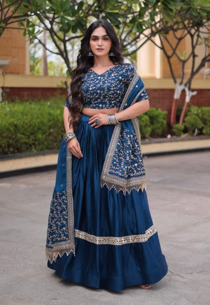 Blue Pure Glory Satin Embroidery Zari Sequins Work Navratri Lehenga Choli