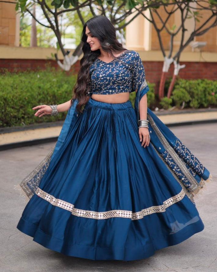 Blue Pure Glory Satin Embroidery Zari Sequins Work Navratri Lehenga Choli