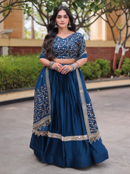 Blue Pure Glory Satin Embroidery Zari Sequins Work Navratri Lehenga Choli