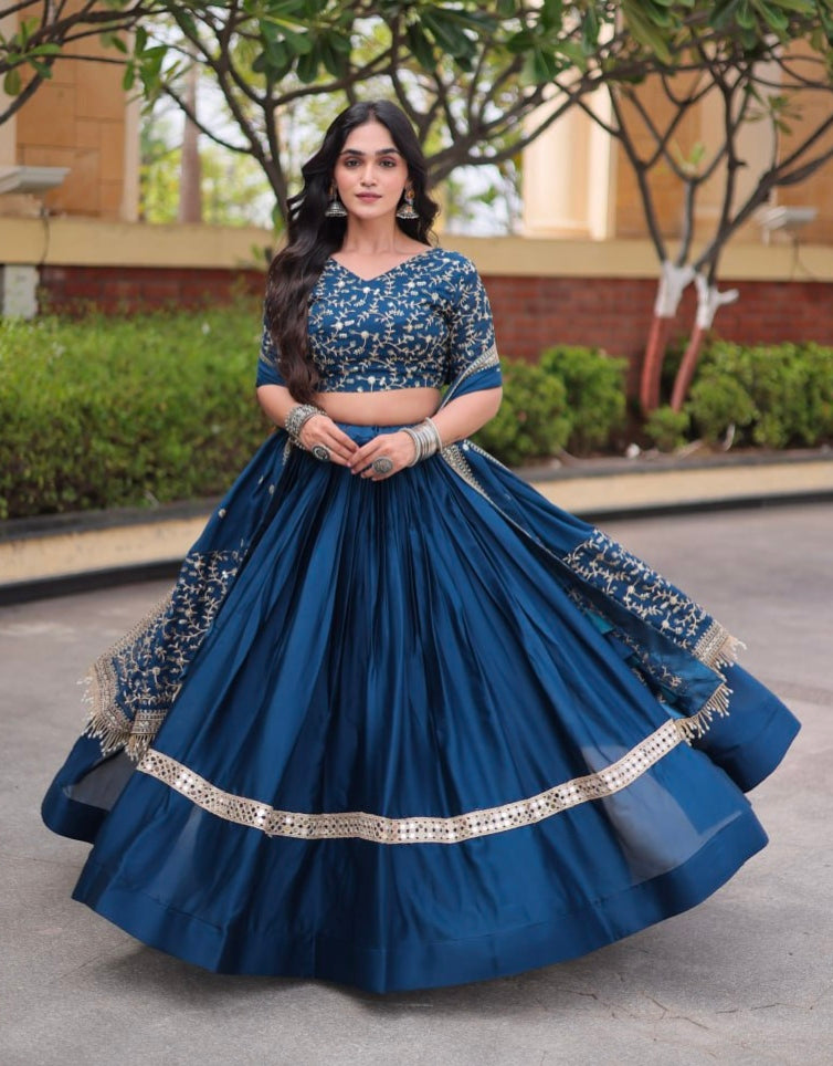 Blue Pure Glory Satin Embroidery Zari Sequins Work Navratri Lehenga Choli