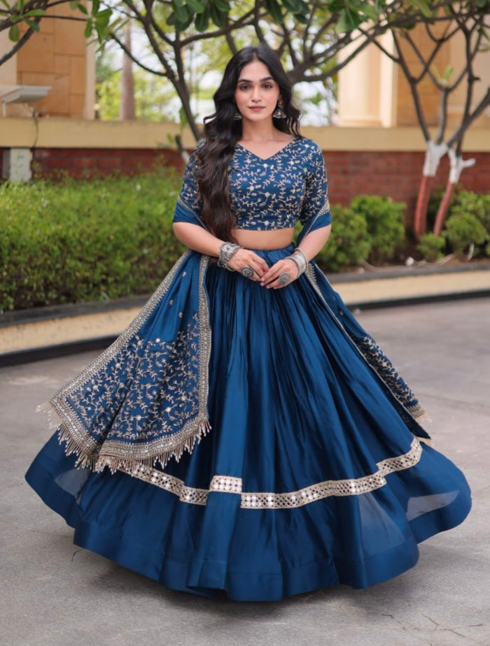 Blue Pure Glory Satin Embroidery Zari Sequins Work Navratri Lehenga Choli