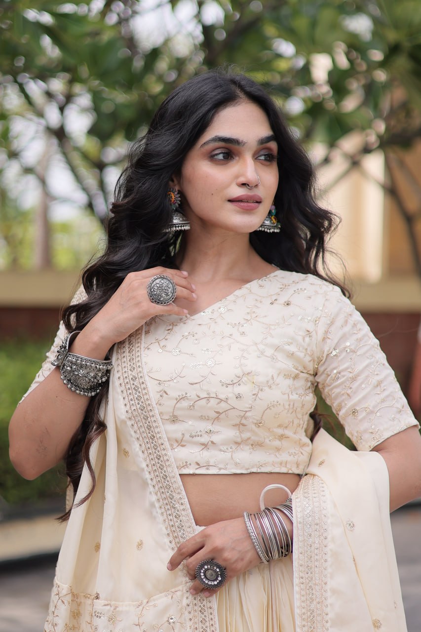 White Pure Glory Satin Embroidery Zari Sequins Work Navratri Lehenga Choli