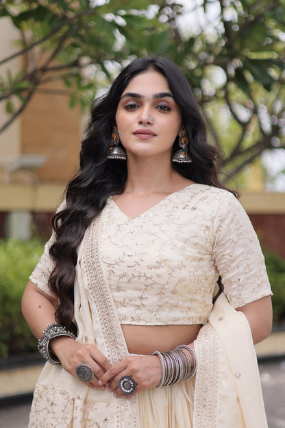 White Pure Glory Satin Embroidery Zari Sequins Work Navratri Lehenga Choli
