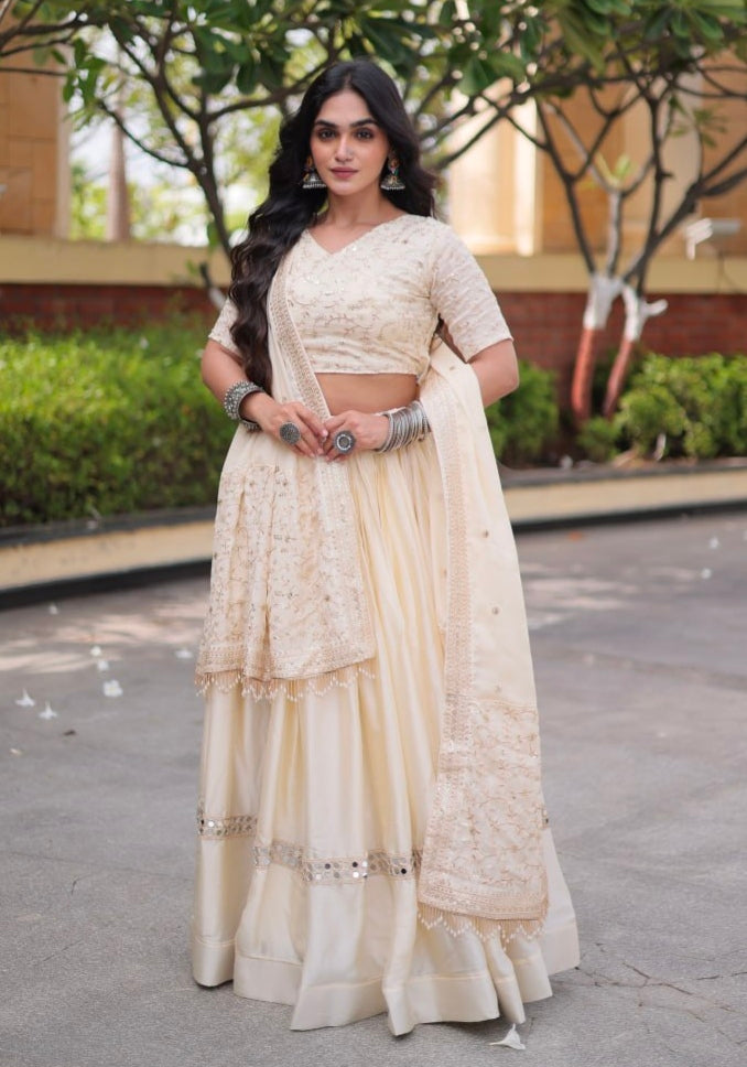 White Pure Glory Satin Embroidery Zari Sequins Work Navratri Lehenga Choli