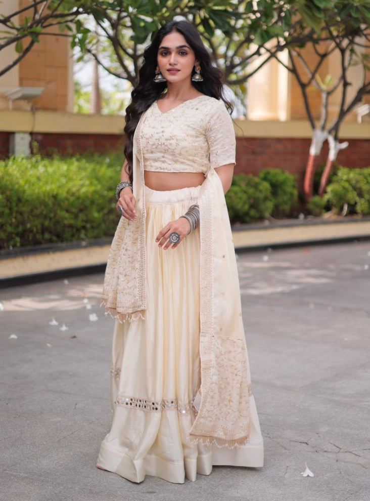 White Pure Glory Satin Embroidery Zari Sequins Work Navratri Lehenga Choli