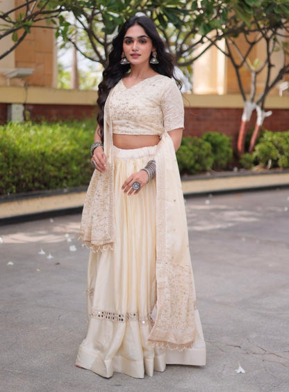 White Pure Glory Satin Embroidery Zari Sequins Work Navratri Lehenga Choli