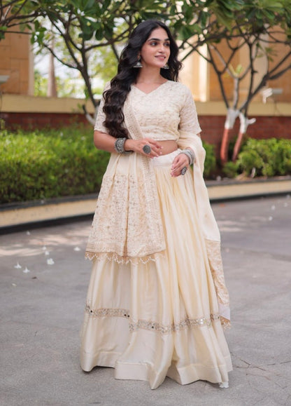 White Pure Glory Satin Embroidery Zari Sequins Work Navratri Lehenga Choli