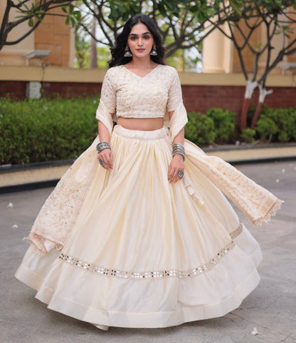 White Pure Glory Satin Embroidery Zari Sequins Work Navratri Lehenga Choli