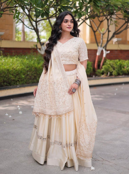 White Pure Glory Satin Embroidery Zari Sequins Work Navratri Lehenga Choli
