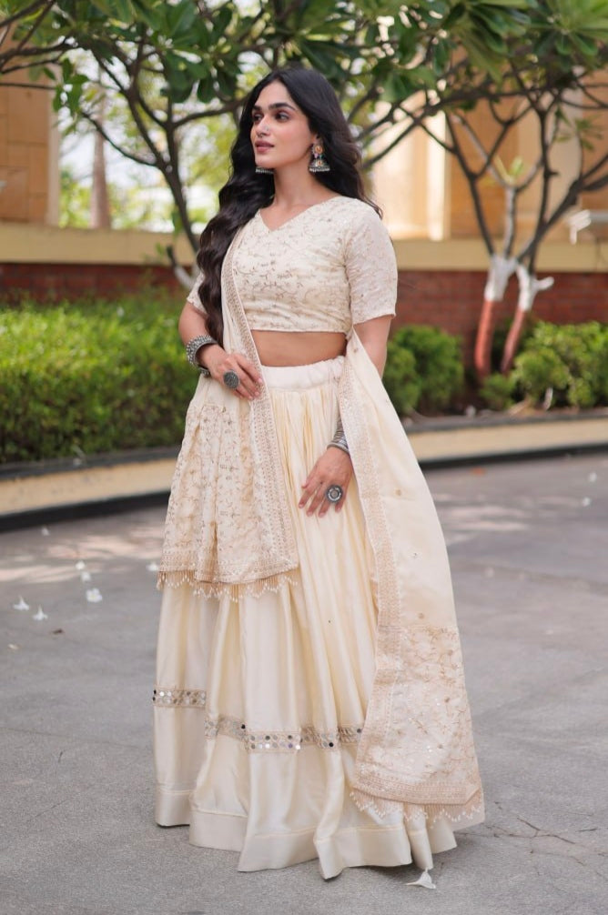 White Pure Glory Satin Embroidery Zari Sequins Work Navratri Lehenga Choli