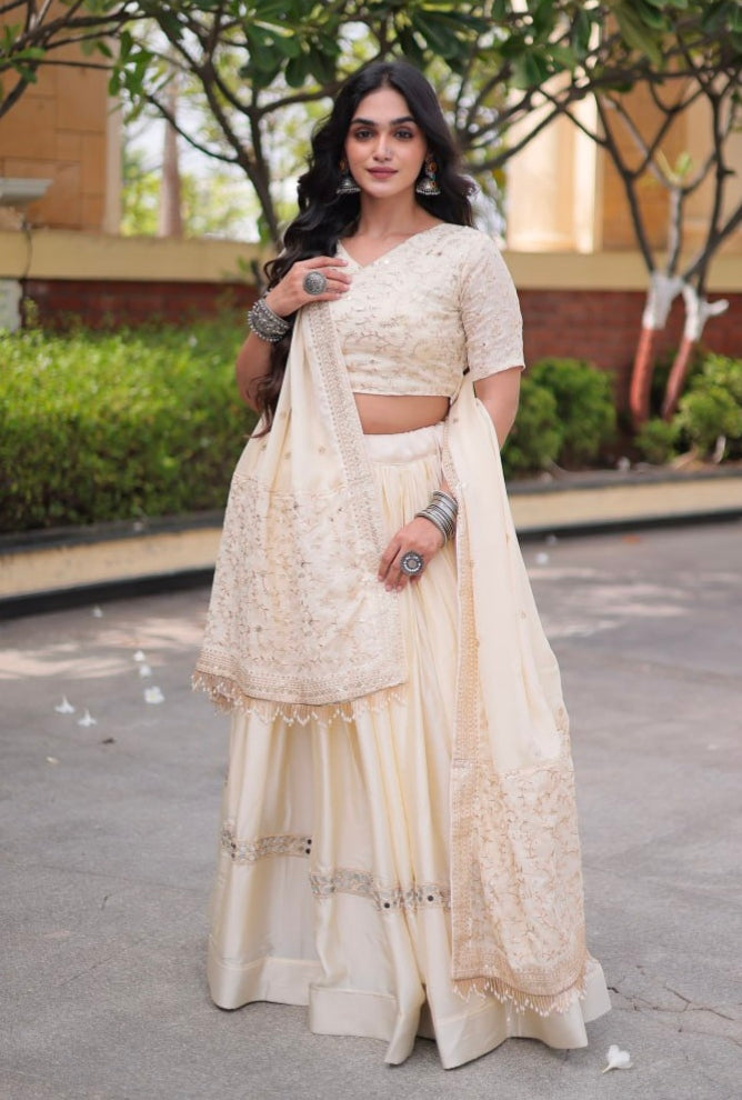 White Pure Glory Satin Embroidery Zari Sequins Work Navratri Lehenga Choli