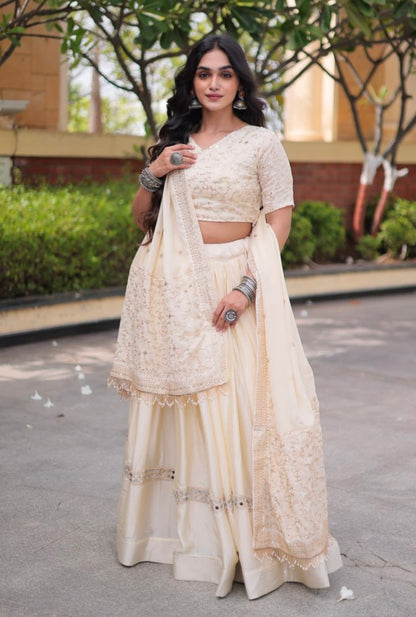 White Pure Glory Satin Embroidery Zari Sequins Work Navratri Lehenga Choli