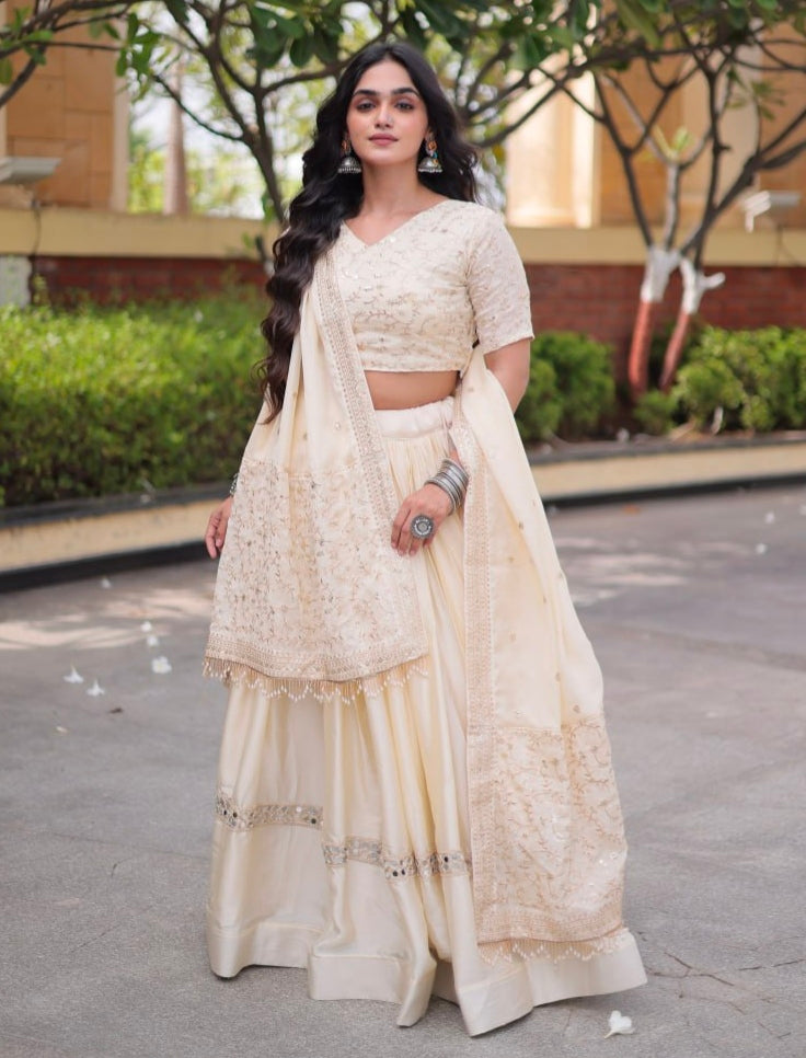 White Pure Glory Satin Embroidery Zari Sequins Work Navratri Lehenga Choli