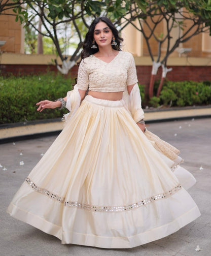 White Pure Glory Satin Embroidery Zari Sequins Work Navratri Lehenga Choli
