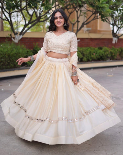 White Pure Glory Satin Embroidery Zari Sequins Work Navratri Lehenga Choli