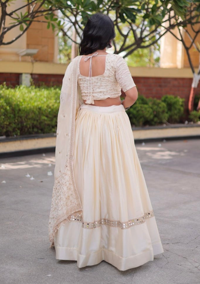 White Pure Glory Satin Embroidery Zari Sequins Work Navratri Lehenga Choli