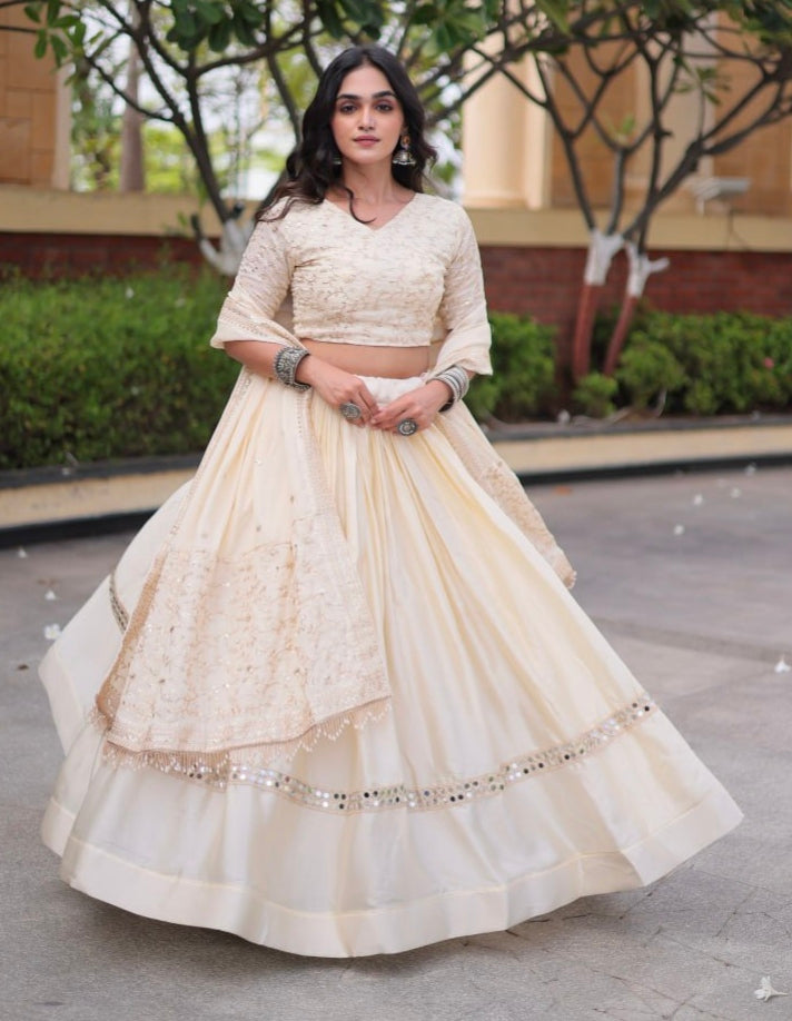 White Pure Glory Satin Embroidery Zari Sequins Work Navratri Lehenga Choli