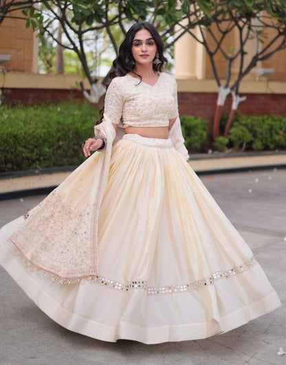 White Pure Glory Satin Embroidery Zari Sequins Work Navratri Lehenga Choli