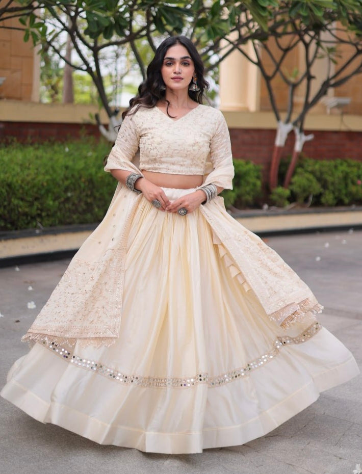White Pure Glory Satin Embroidery Zari Sequins Work Navratri Lehenga Choli