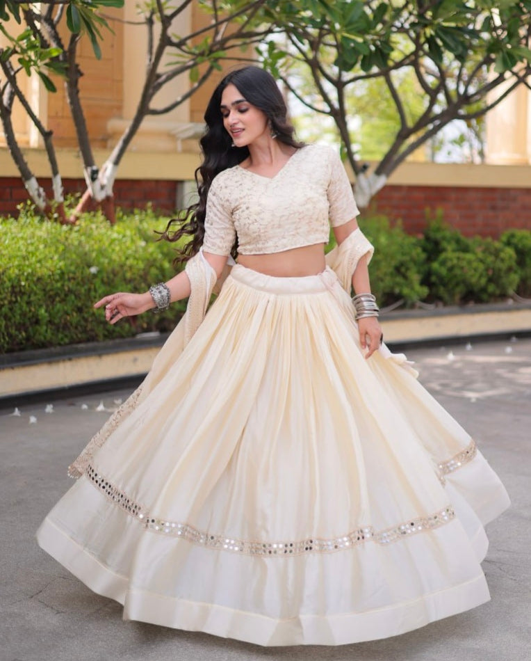 White Pure Glory Satin Embroidery Zari Sequins Work Navratri Lehenga Choli