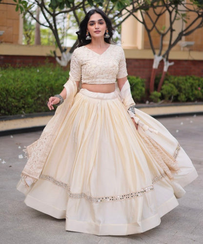 White Pure Glory Satin Embroidery Zari Sequins Work Navratri Lehenga Choli