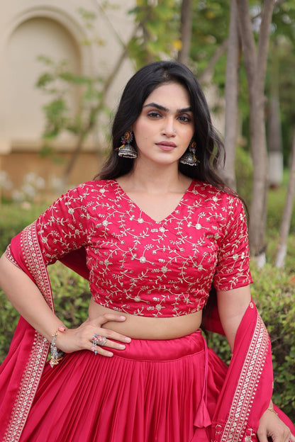 Red Pure Glory Satin Embroidery Zari Sequins Work Navratri Lehenga Choli