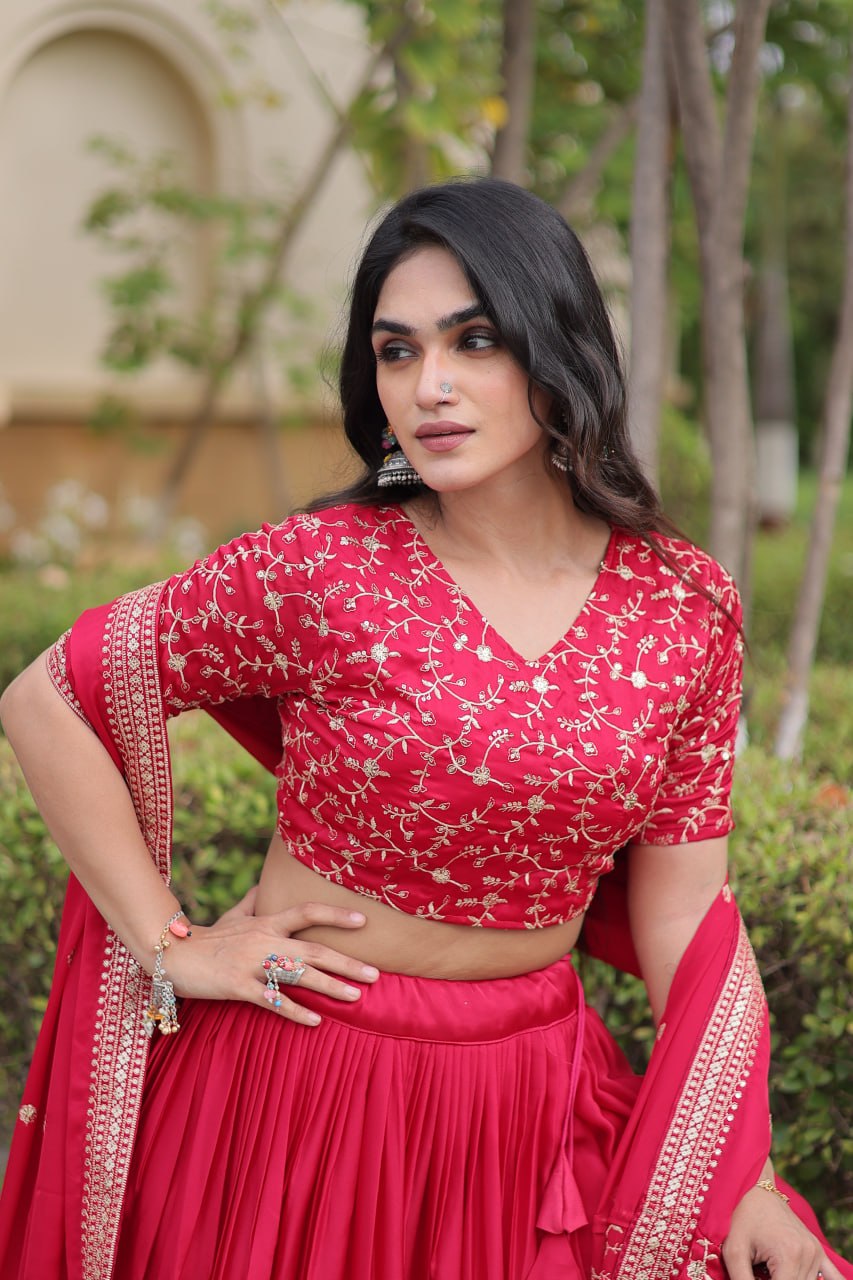 Red Pure Glory Satin Embroidery Zari Sequins Work Navratri Lehenga Choli